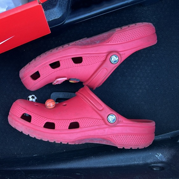 Worn and used Red crocs with gibets on them. As is! Wore them all the time! - Picture 3 of 4